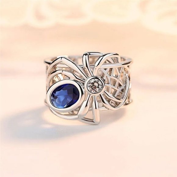 Blue Sapphire Black Widow Spider Stainless Statement Ring - Picture 2 of 13